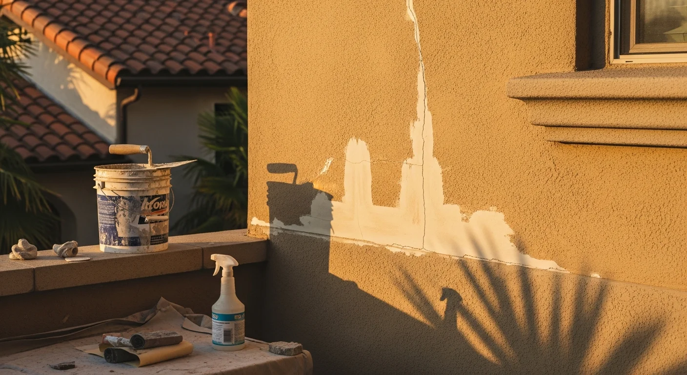 Stucco repair work on residential exterior wall