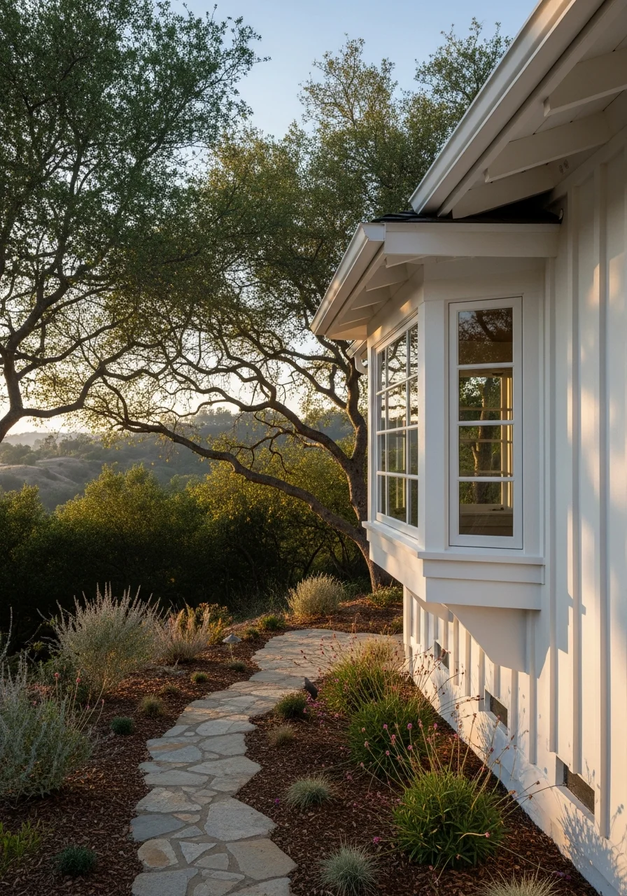 Calabasas home exterior on hillside setting with mature trees and property landscape.