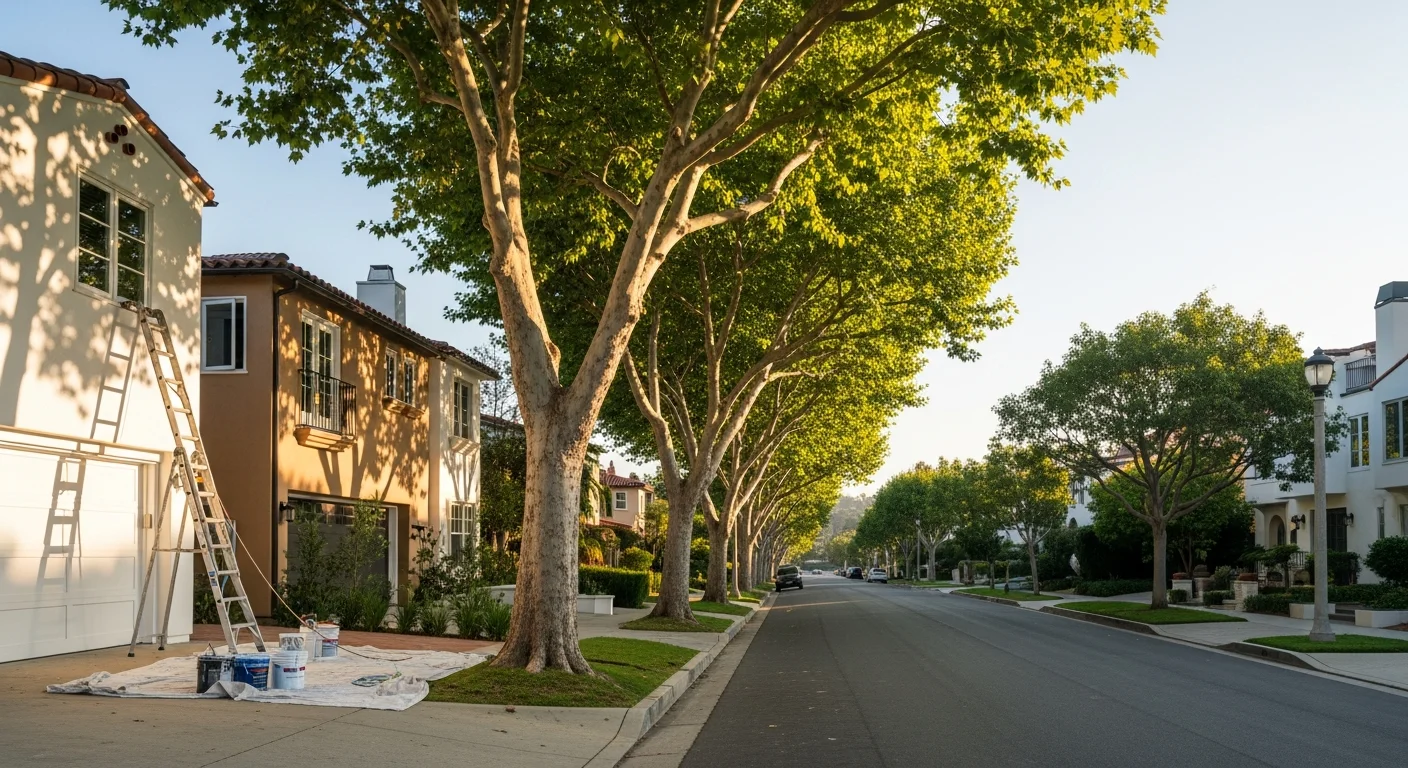 Diverse Los Angeles neighborhood with varied home styles, mature trees, and residential streets.