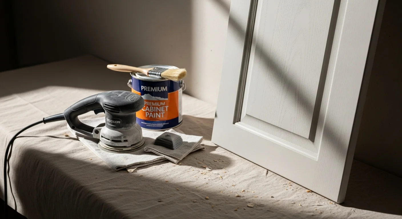 Freshly refinished white kitchen cabinets with smooth, even paint in a single-story Thousand Oaks home. Cabinet doors are rehung and hardware is reinstalled, showing a clean finish across all frames and drawer fronts.