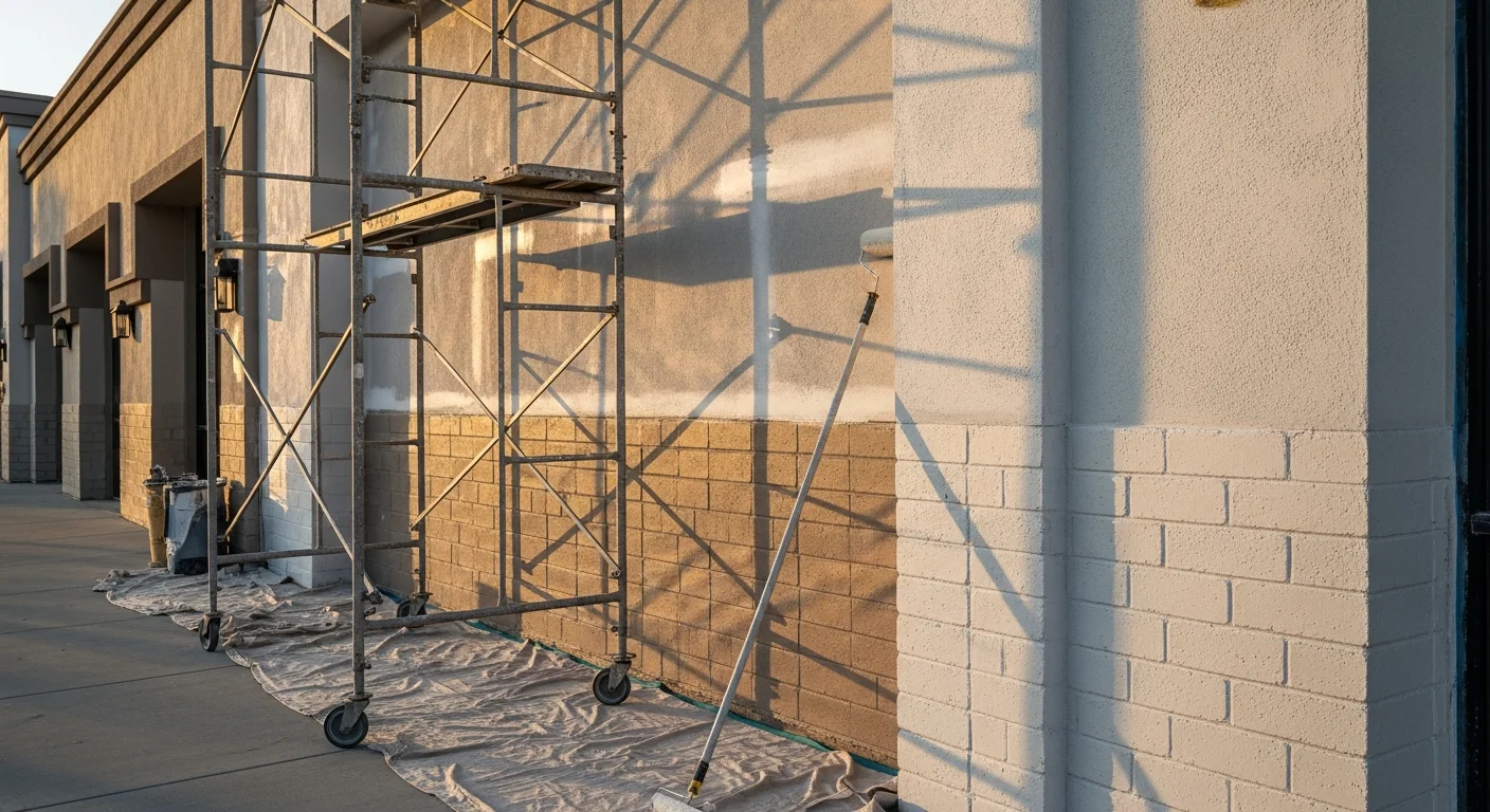 A freshly painted single-story commercial office building exterior in Thousand Oaks, California, with clean trim lines and an even coat on sun-exposed stucco walls. A Fine Tip Painting crew member reviews the finished facade near the building entrance.