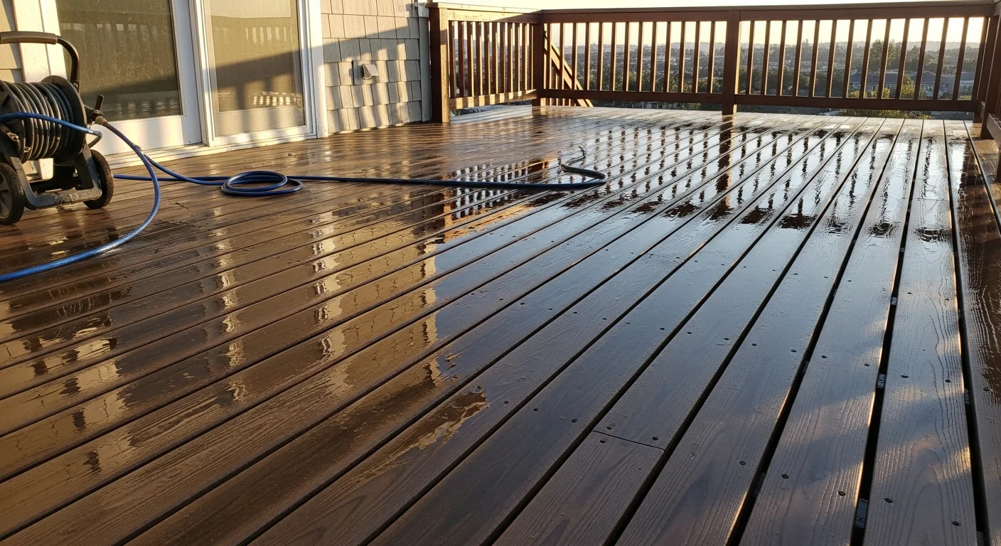 A wood deck in a Thousand Oaks backyard after professional pressure washing, showing clean boards with gray oxidation and dirt removed. The surface is visibly lighter in color with no mold or debris between the deck boards.