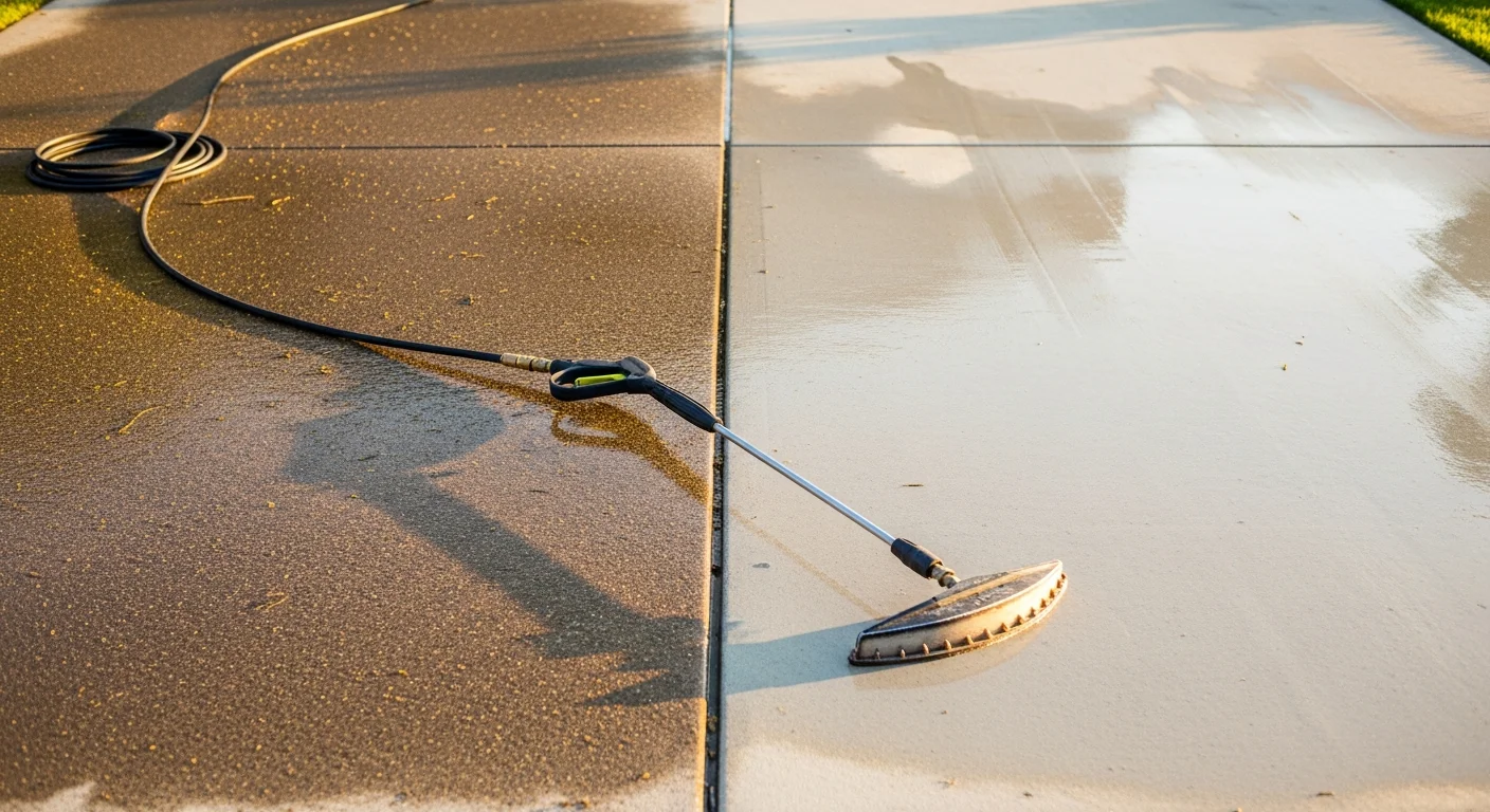 A residential concrete driveway in Thousand Oaks, California after pressure washing, showing a clean, stain-free surface next to a single-family home. The cleaned area contrasts with the surrounding weathered concrete at the property edge.