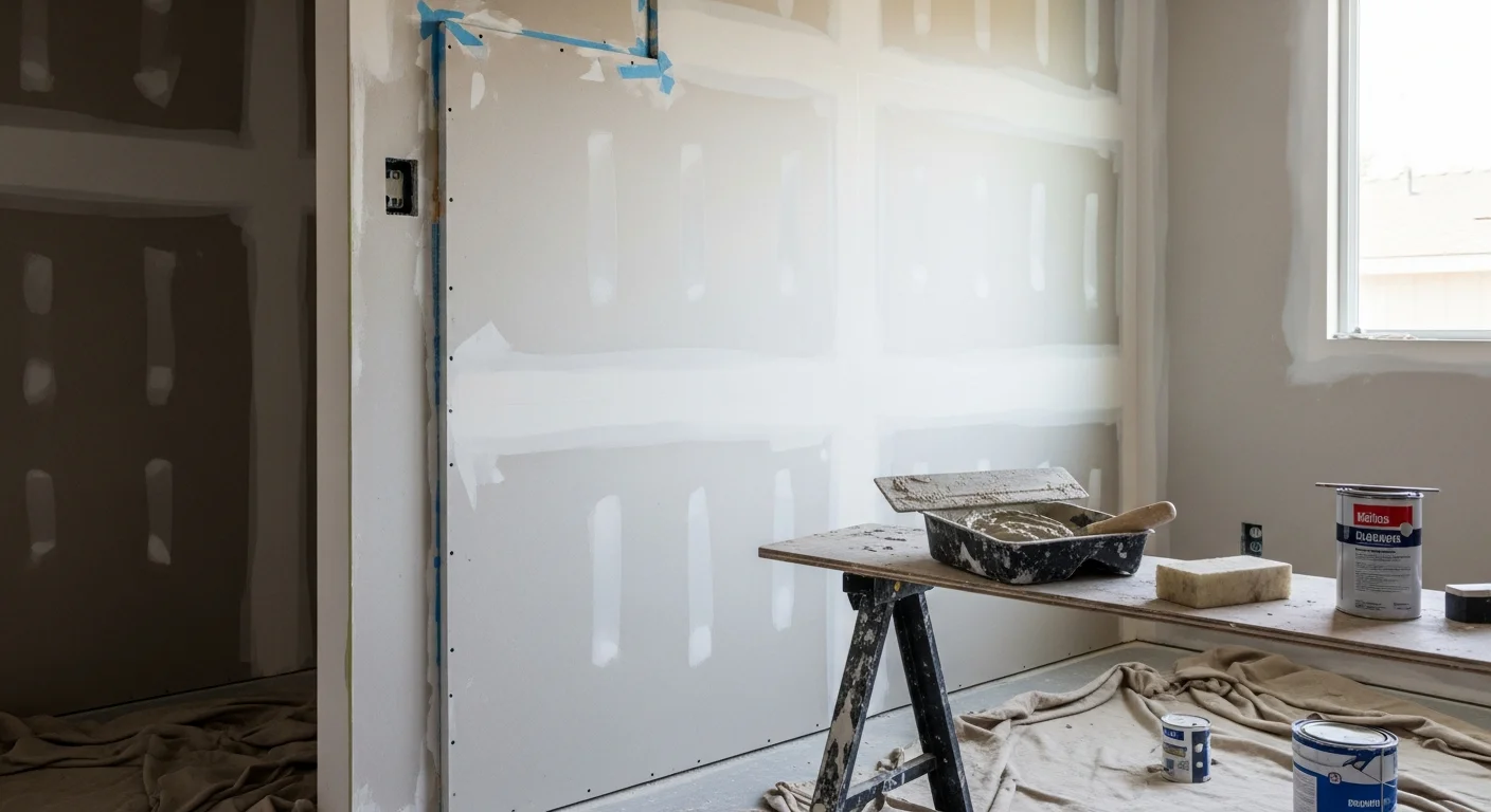 Freshly installed and finished drywall on the interior walls of a Thousand Oaks home, with smooth mudded seams ready for paint. A sole proprietor applies joint compound to a taped wall in a residential room addition.