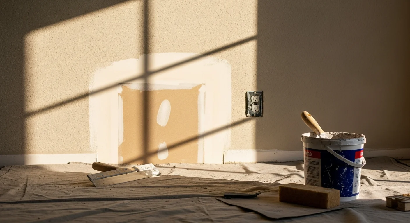 A freshly patched and textured interior wall in a Thousand Oaks home, with the repaired area blending smoothly into the surrounding orange peel finish. The surface is sanded flat and ready for paint.