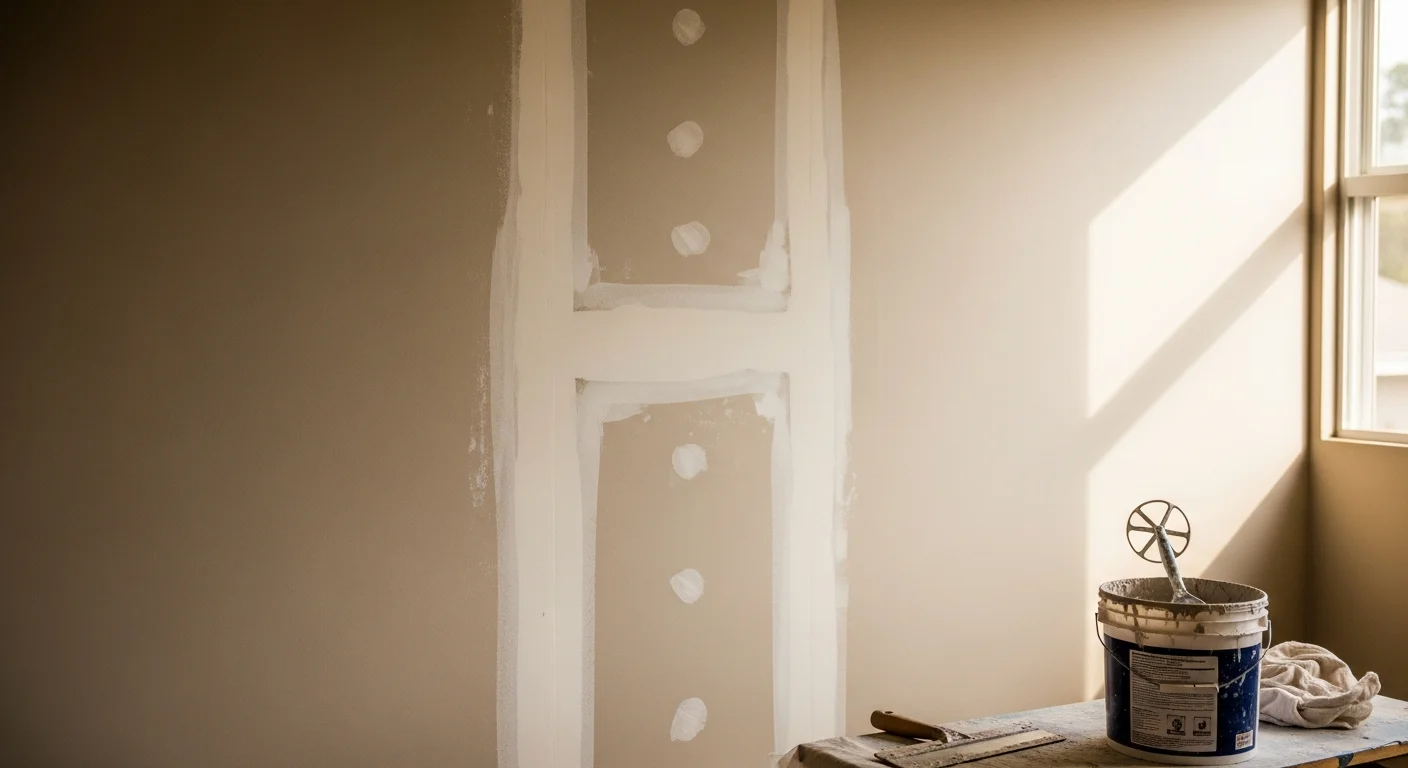 A freshly repaired and texture-matched interior wall in a Thousand Oaks home, showing a smooth, paint-ready surface with no visible patch lines. The repair blends seamlessly with the surrounding knockdown-textured drywall in a single-family residence.
