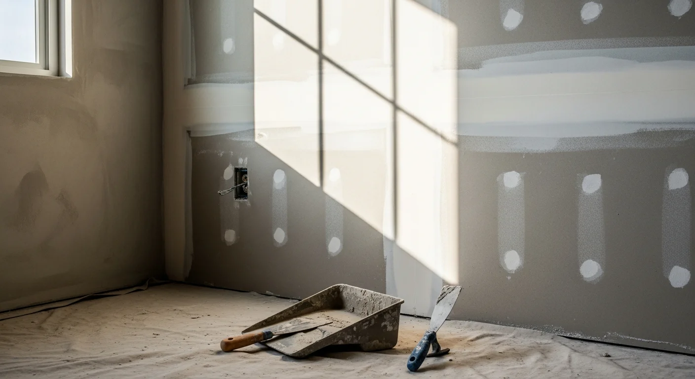 A freshly mudded and sanded drywall wall inside a Thousand Oaks home showing smooth, seam-free surfaces ready for paint. A taping knife and joint compound are visible on a nearby work surface.