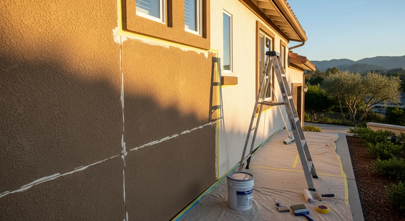 A freshly painted single-story stucco home in Thousand Oaks, California, with clean white walls and painted trim under bright California sunlight. The exterior shows even coverage across the stucco facade, window trim, and fascia boards.