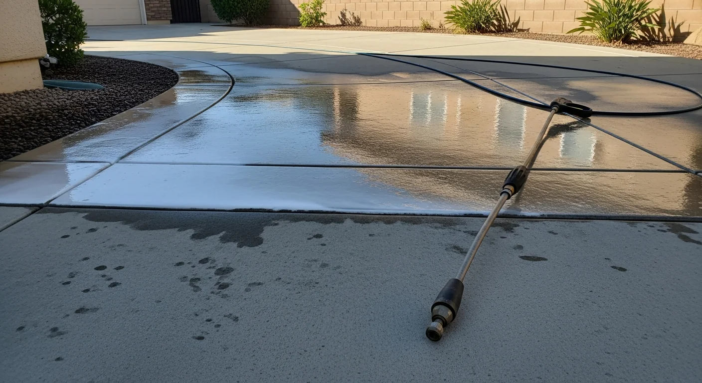 A concrete driveway and stucco exterior wall on a Thousand Oaks residential property after pressure washing, showing clean surfaces free of dirt streaks and algae staining. The home's front walkway and painted stucco facade are visibly restored against a clear Southern California sky.