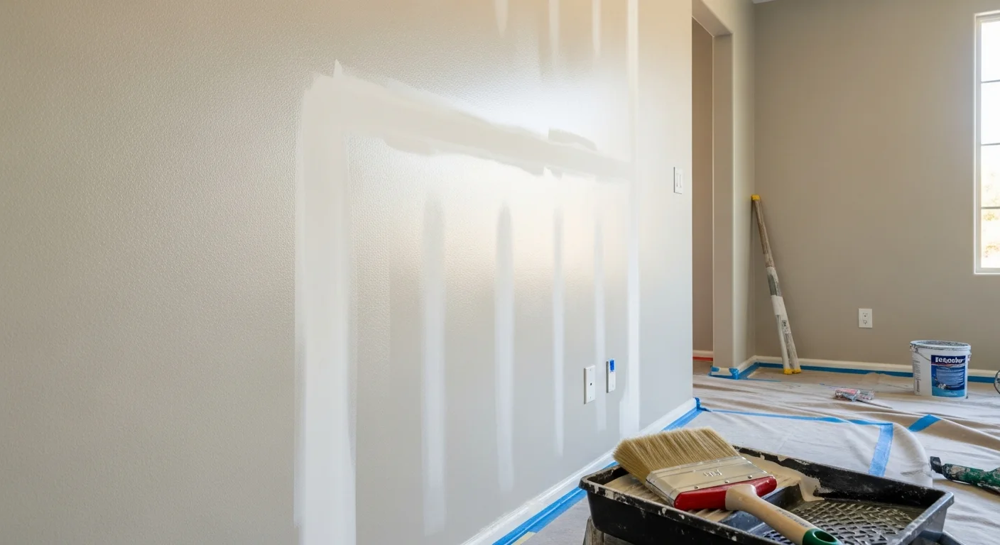 Interior living room wall freshly painted in a clean neutral tone inside a single-family home in Thousand Oaks, CA. Sharp trim lines and even coverage visible along the ceiling edge and baseboard.