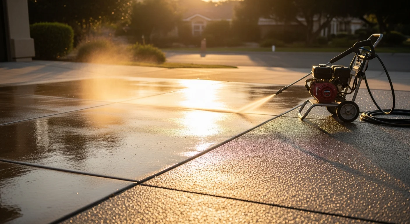 A Thousand Oaks residential driveway and stucco exterior being pressure washed, showing clean concrete next to a still-dirty section. A ranch-style home with a wide hardscape area is visible in the background.