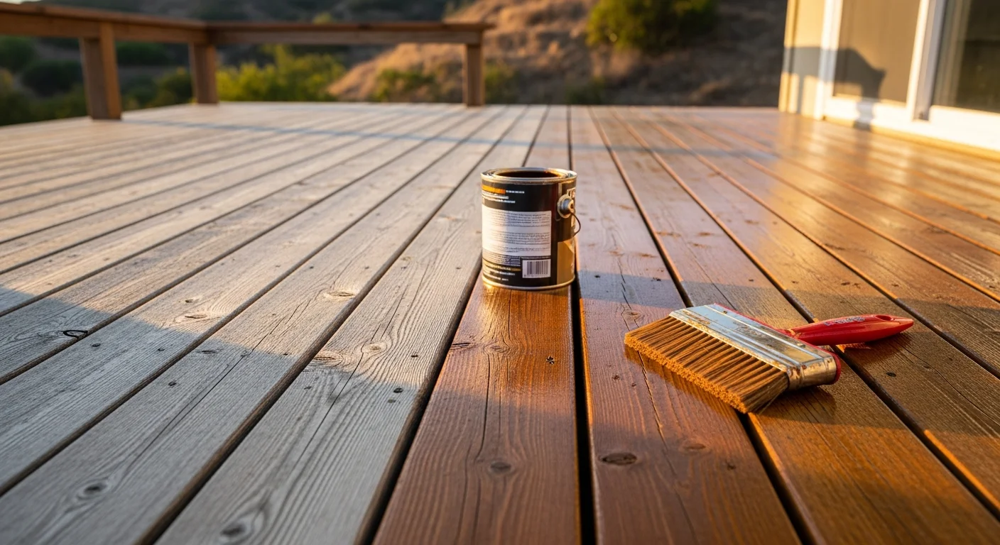 A freshly stained wood deck on a Thousand Oaks residential property, showing even color and visible grain detail across the boards. A wood fence in the background shows matching stain tone against a dry Southern California landscape.