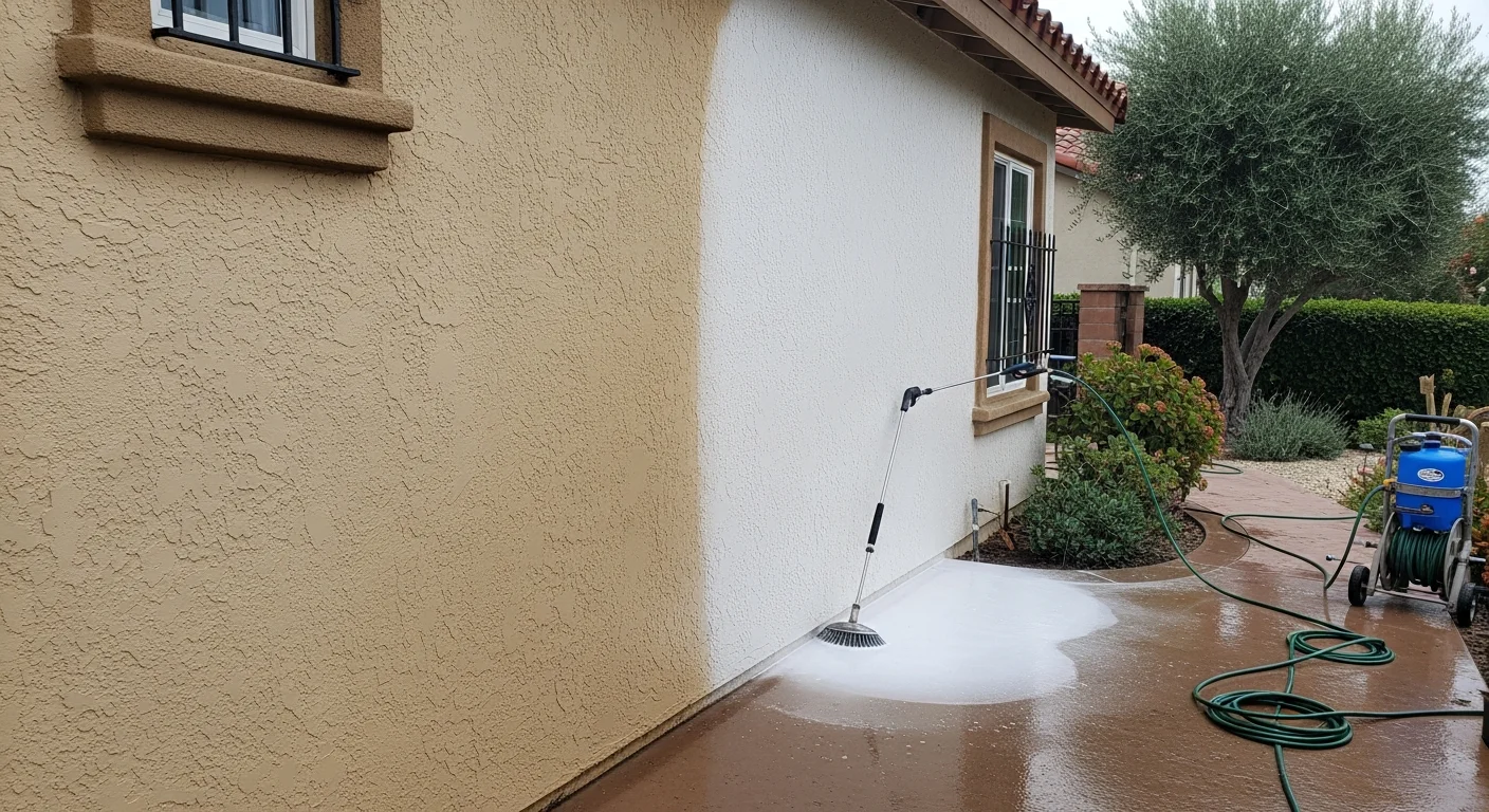 A Thousand Oaks stucco home exterior after professional soft wash cleaning, showing clean, evenly colored walls with no visible dust streaks, mold, or hard water staining. Fine Tip Painting pressure washing service result on a single-story residential property in the Conejo Valley.
