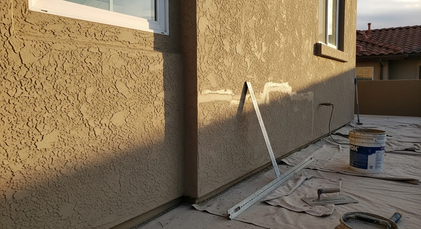 Close-up of a freshly applied smooth stucco finish coat on the exterior wall of a single-story home in Thousand Oaks, California. The surface shows an even texture with no visible cracks or patch lines against a clear blue sky.
