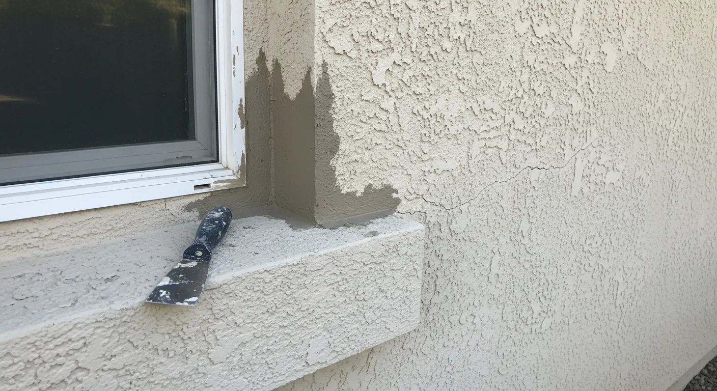 Close-up of a freshly patched stucco wall on a single-story Thousand Oaks home, showing a smooth texture blend between the repaired area and the surrounding exterior finish. The patched section sits beside a window frame on a tan stucco surface under bright California daylight.