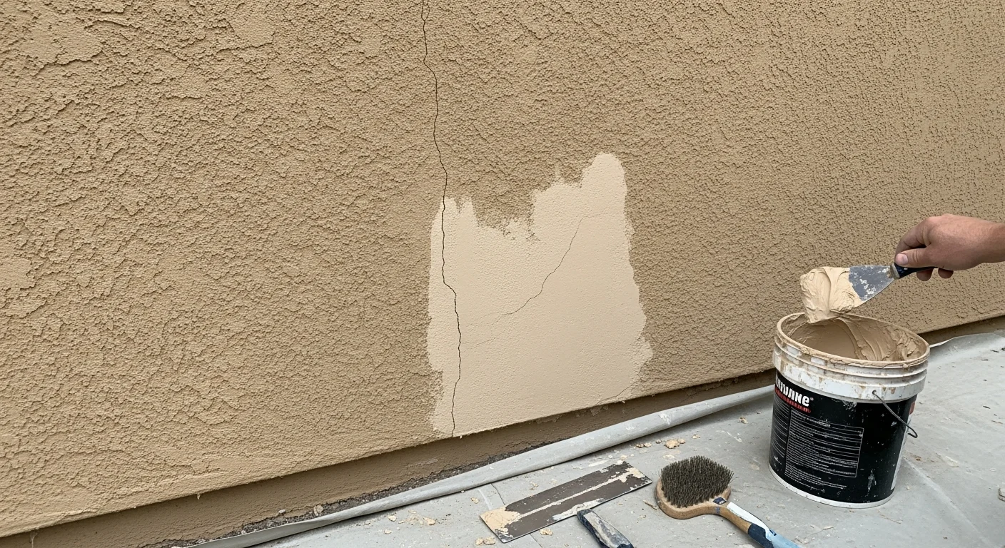 Close-up of a repaired stucco exterior on a Thousand Oaks residential home, showing a smooth, texture-matched patch blending into the surrounding wall surface. The finished repair covers a previously cracked and stained section near a window frame.