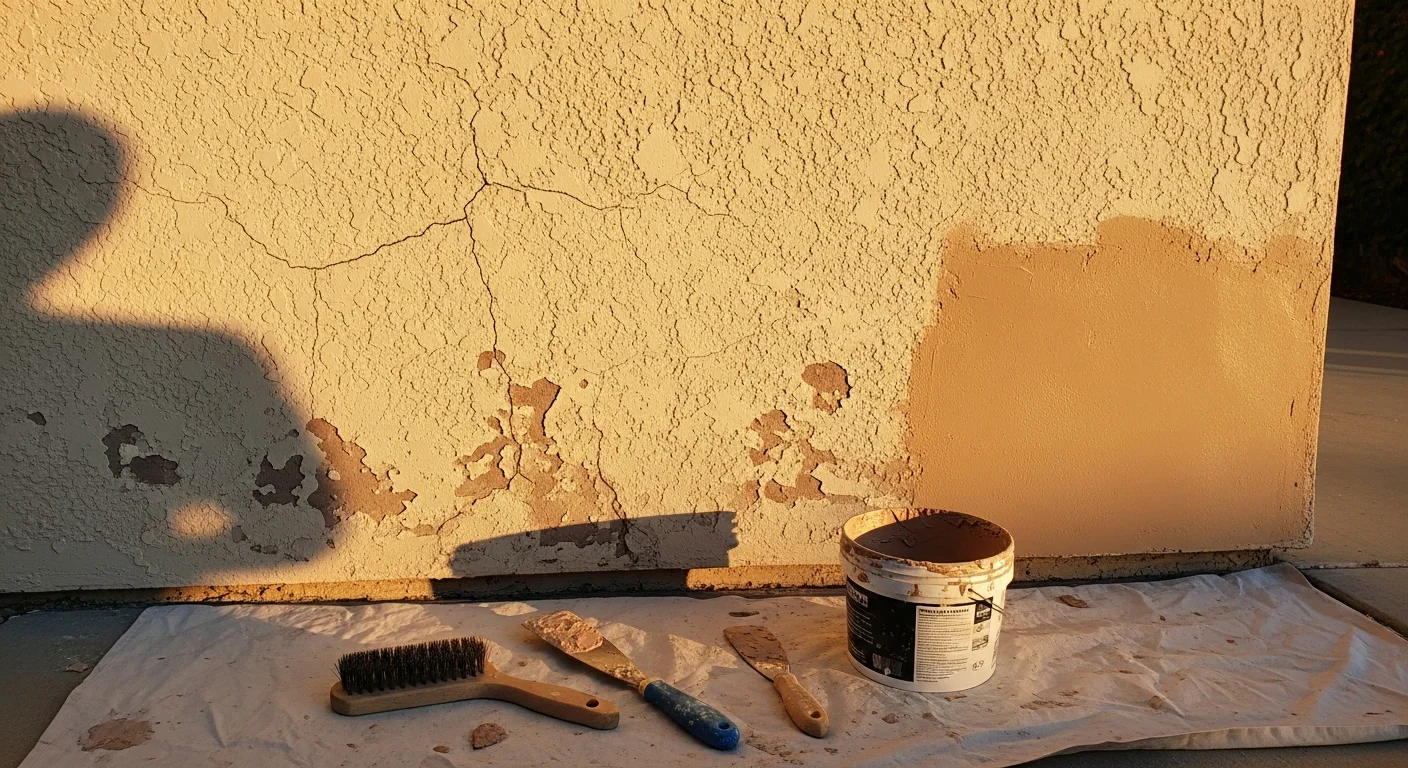 Close-up of a freshly restored stucco exterior on a single-family home in Thousand Oaks, California, showing a smooth, crack-free finish coat blended into the surrounding wall surface. The repaired section sits flush with the original texture under bright Southern California sunlight.