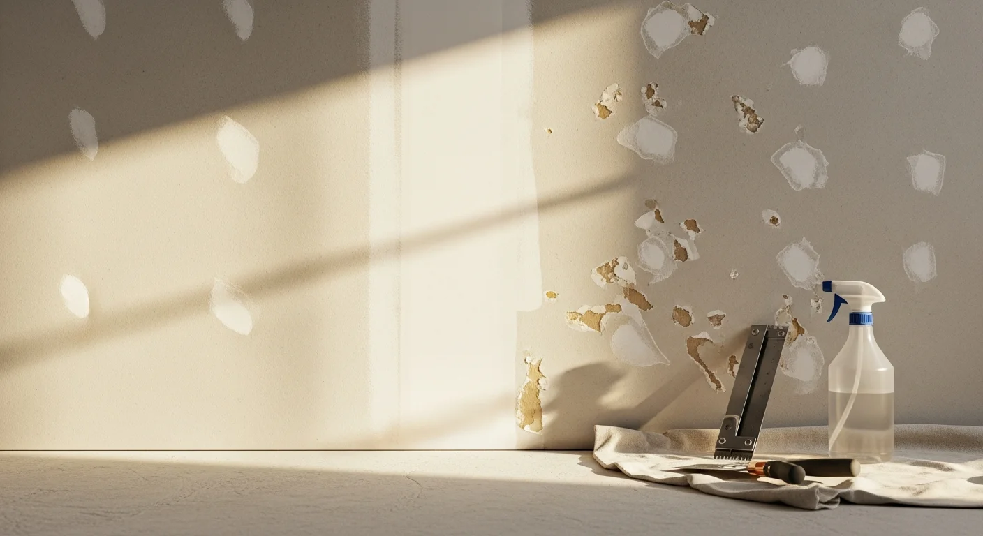 Interior wall of a Thousand Oaks home with wallpaper fully stripped, showing a smooth, clean drywall surface prepped and primed for paint. A painter's tool and protective floor covering are visible at the base of the wall.